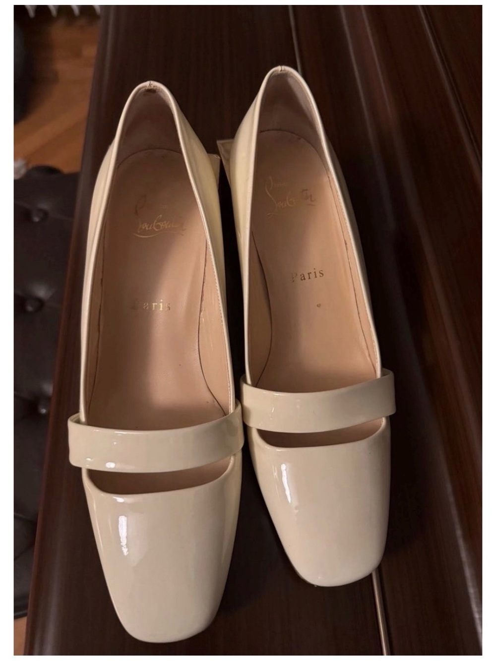 Christian Louboutin Cream Patent Mary Jane Block Heel Pumps Size 38 - Picture 5 of 9